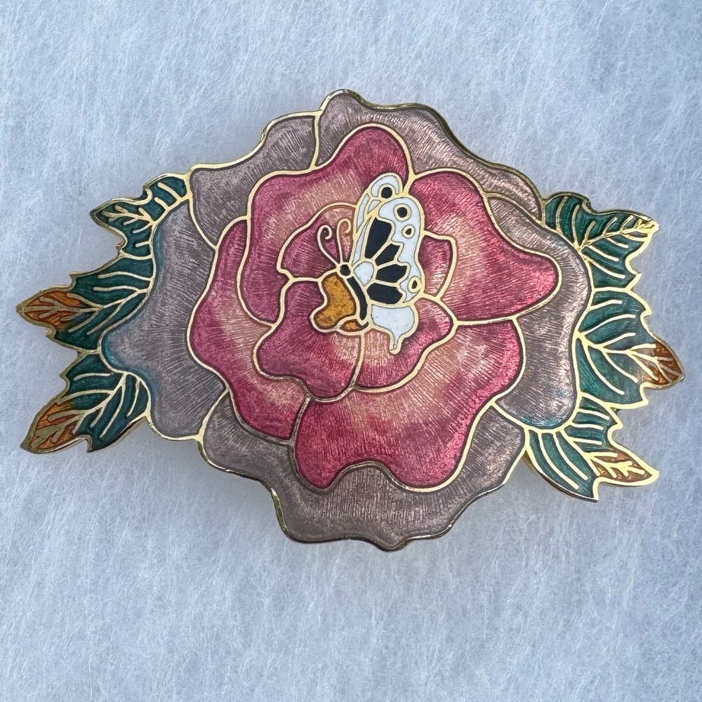 Vintage Cloisonne Bolo Tie Purple & Pink Flower W/White Butterfly Gold Tone